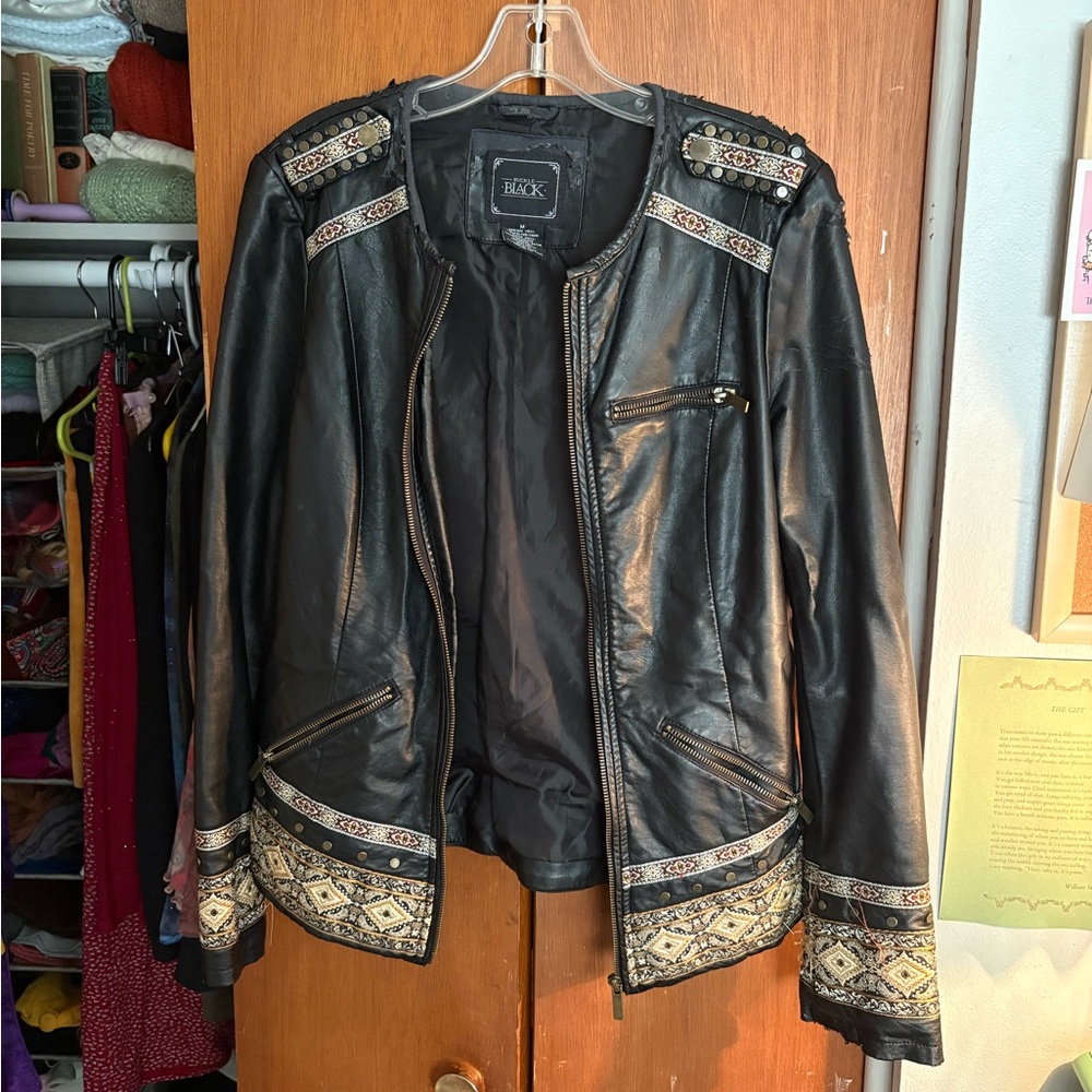 Buckle Black Faux Leather Embroidered Trim Jacket
